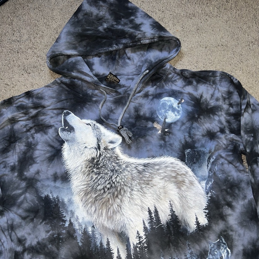 VTG Wild Planet Tie Dye Hoodie Pullover Size XL Nature Outdoors Wolves Moon